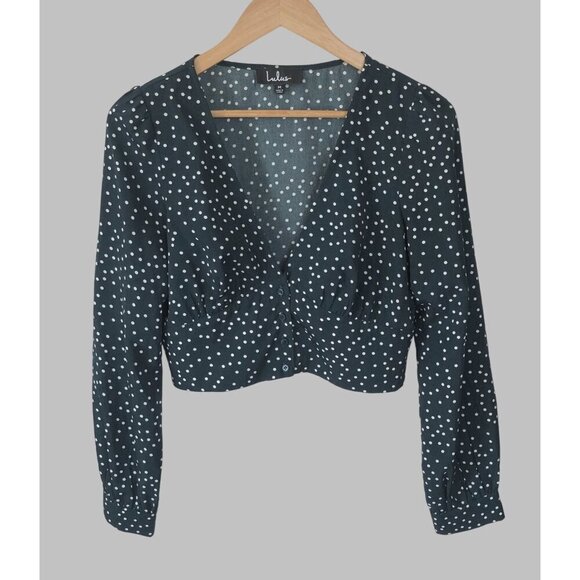 Lulus Polka Dot Long Sleeve Crop Top Womens M Green Long Sleeve St Patricks Day - Picture 1 of 7